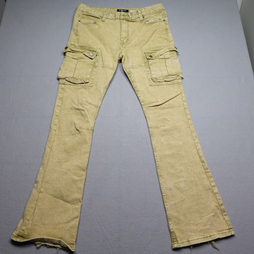 FBRK Pants Mens 36x35 Yellow Cargo Slim Fit Flared Denim Workwear Pocket